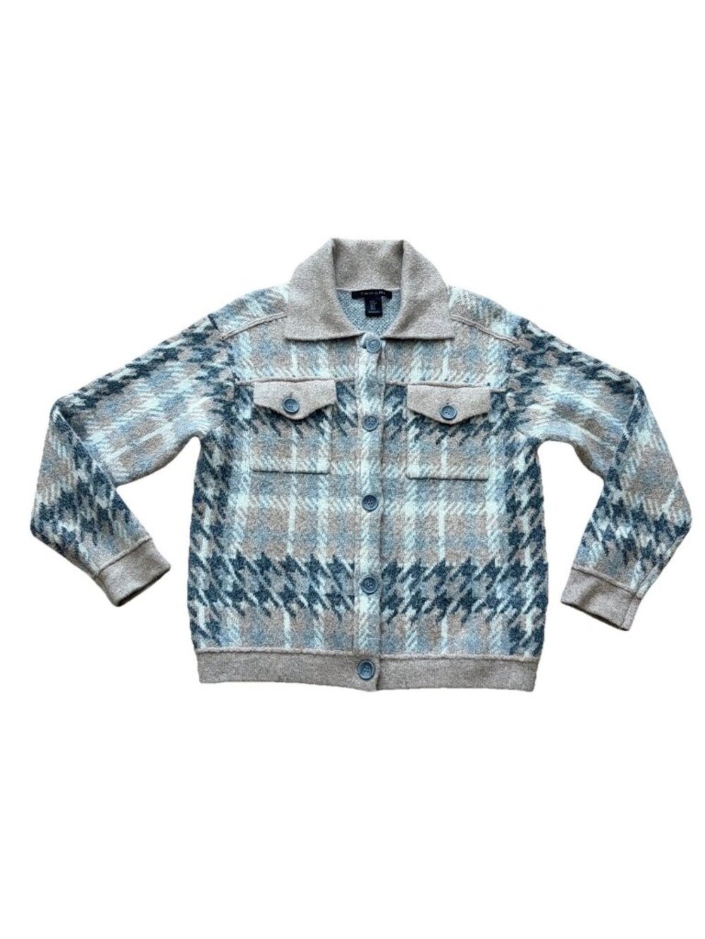 Tahari Cardigan Women’s Medium Button Front Soft Sweater Plaid Blue Gray Tan